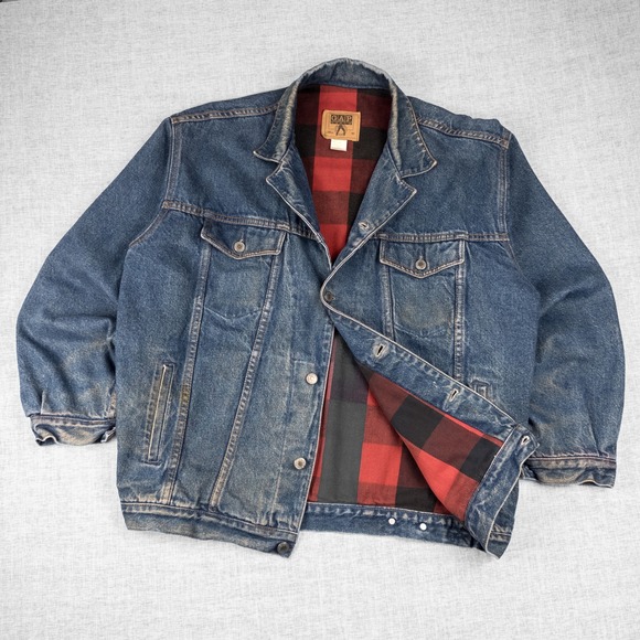 Vintage GAP Flannel Lined Denim Trucker Jacket Buffalo Plaid 90s Workwear M - Picture 2 of 12